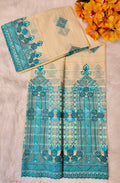 Tissu brodé crème avec motifs géométriques et floraux turquoise