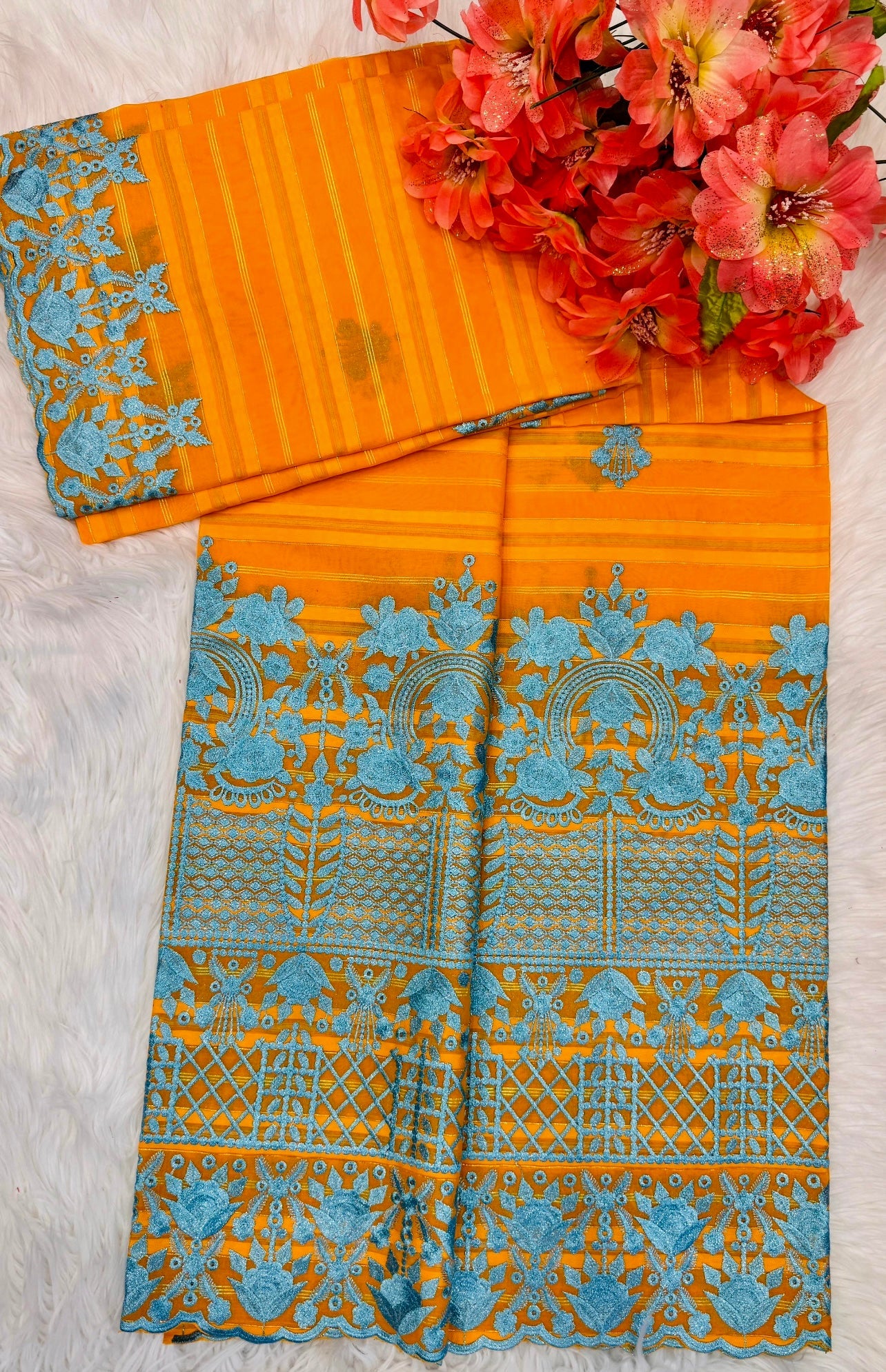 Salouva orange rachi motif bleu corail